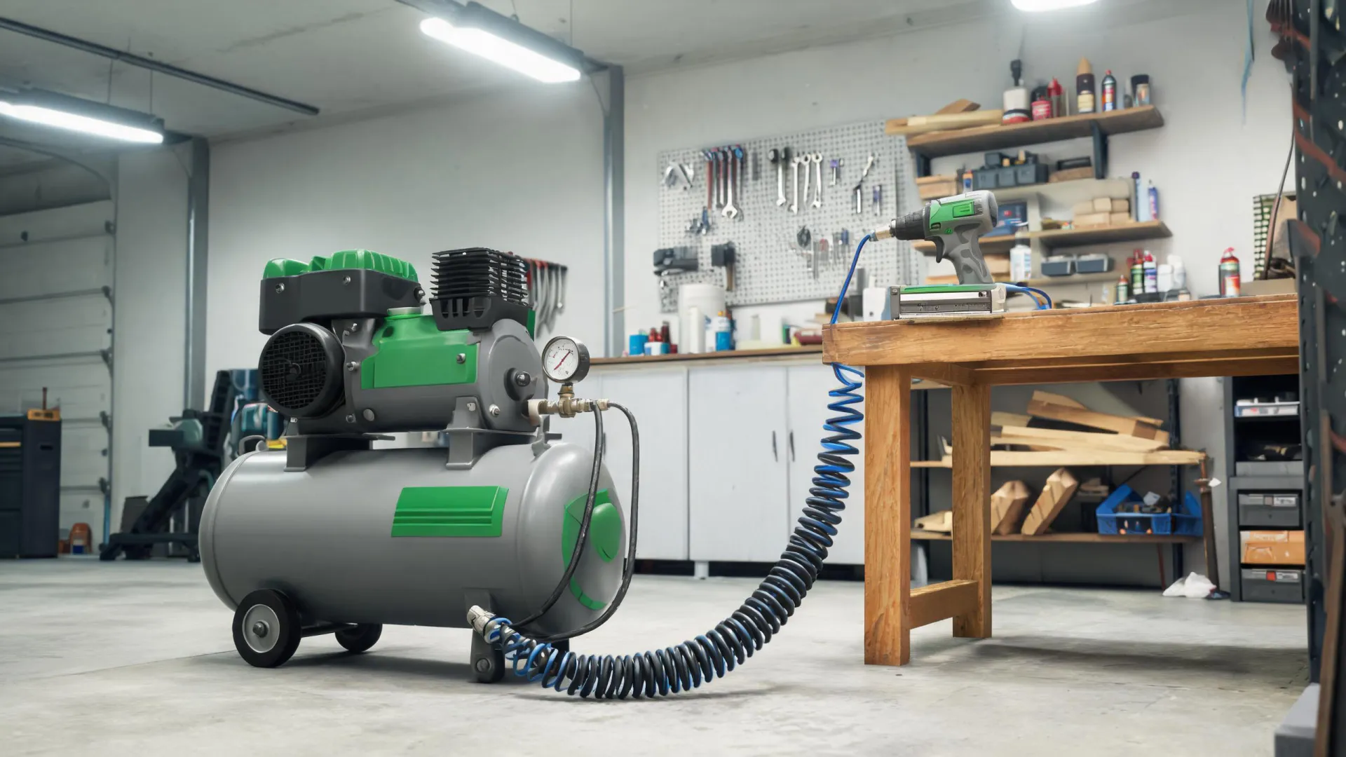 Campbell Hausfeld pneumatic tools in a busy workshop