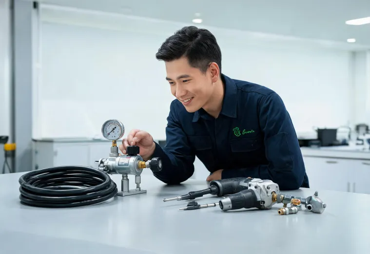 Technician checking a Campbell Hausfeld compressor and air hose